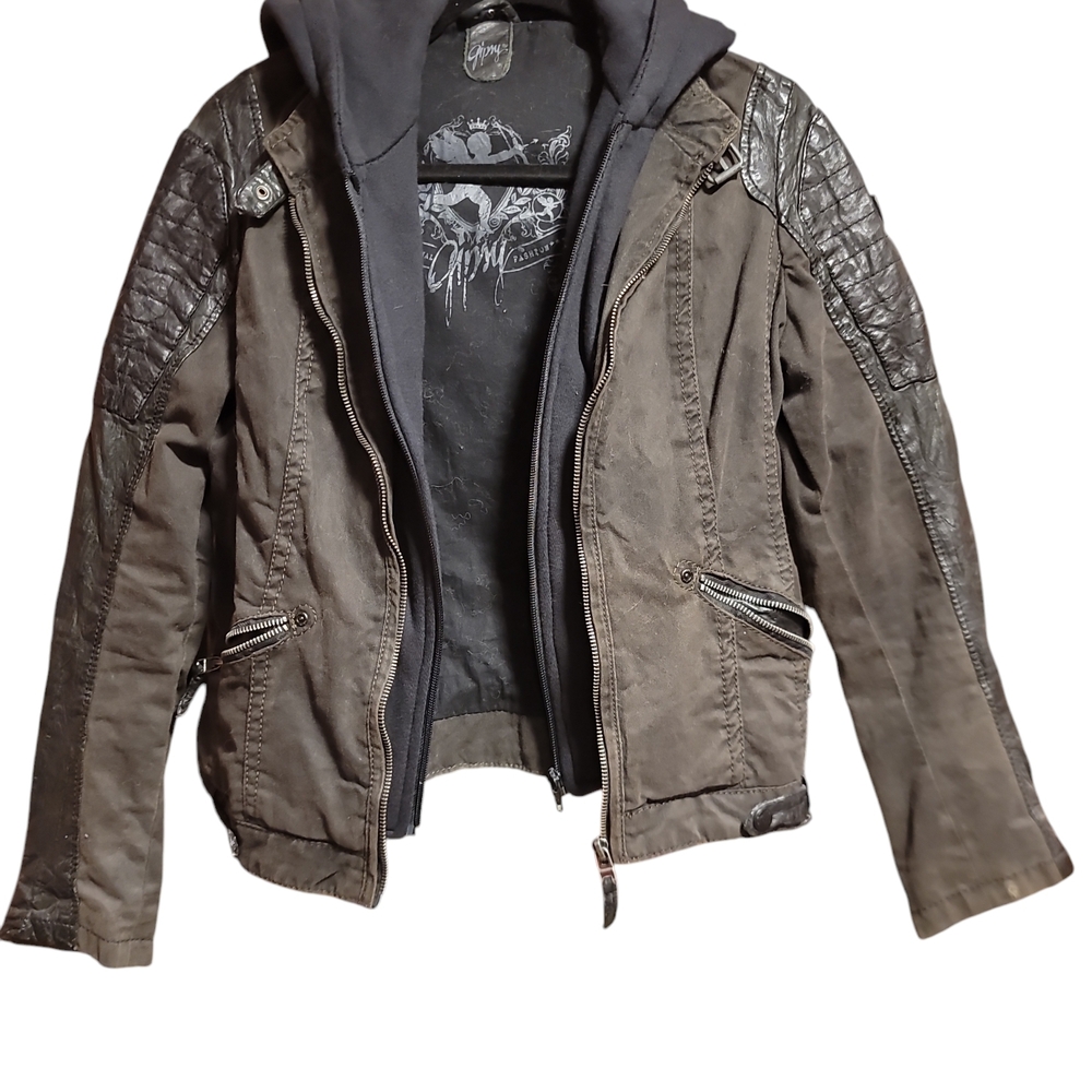 Brown and Dark Green Mixed Material Moto Jacket with Removable Hoodie